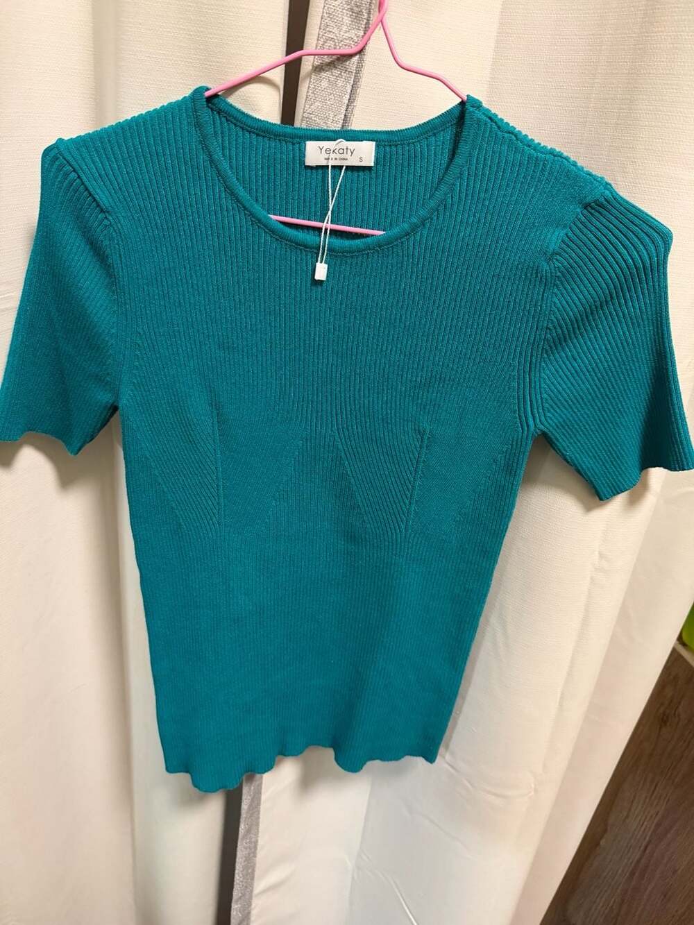 C0024 Yekaty Ribbed Knit Short Sleeve Top Teal Size S